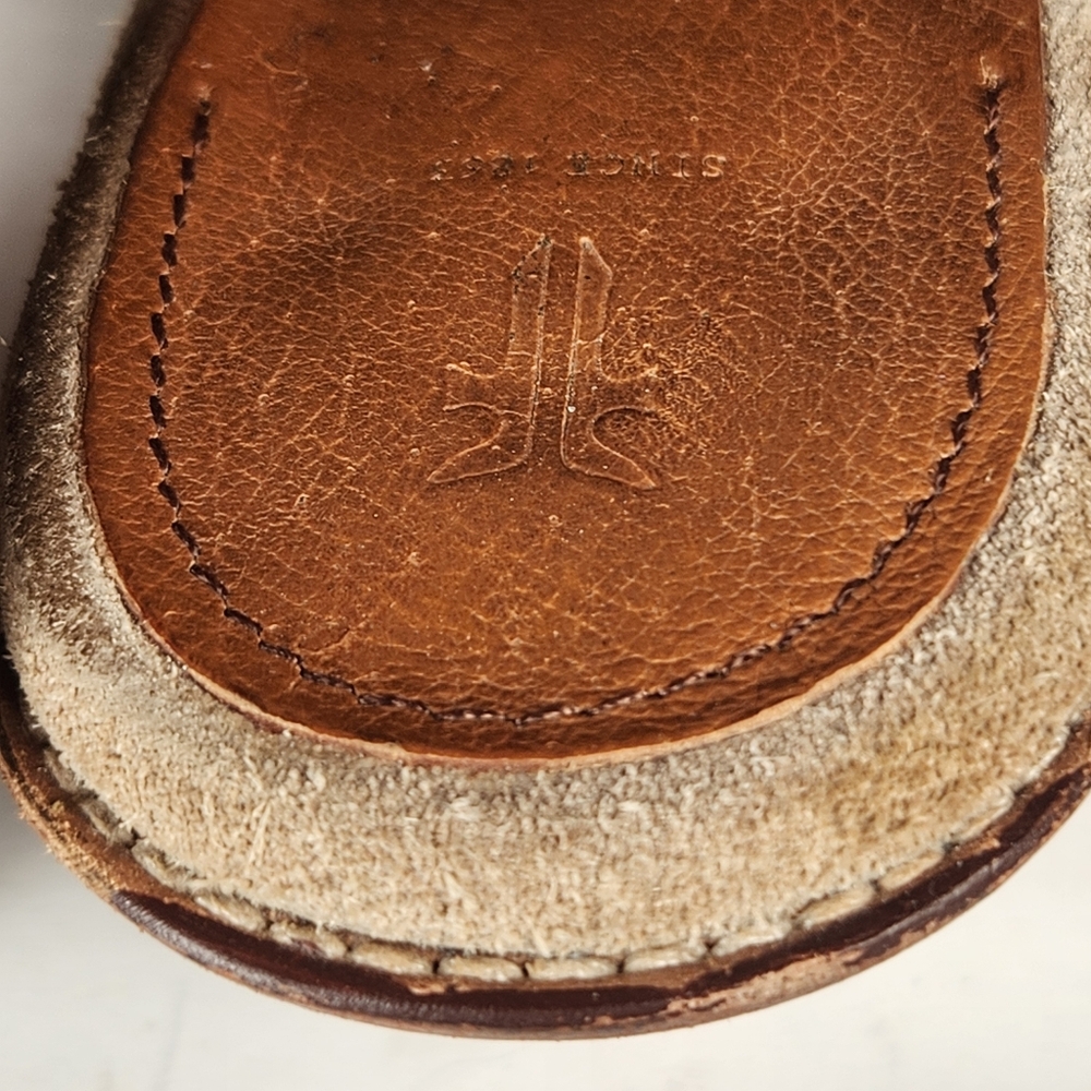 FRYE Women's Courtney Sandal Size 8.5 Taupe Suede Open Toe Sling Back Shoe - Picture 9 of 13
